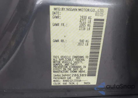 2015 Nissan Altima 2.5/2.5 S/2.5 Sl/2.5 Sv из США, поврежденный, VIN 1N4AL3AP4FC286389